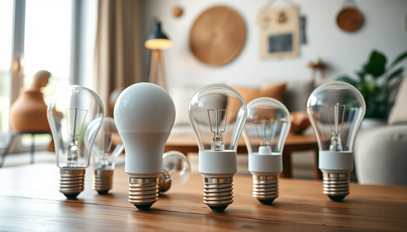 Showcase a19 light bulbs in a cozy living room setting, highlighting various designs and shapes.