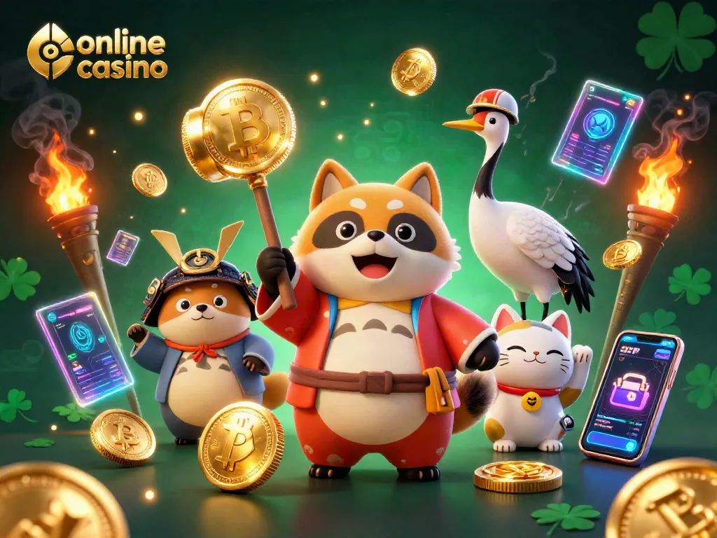 Juega en un casino online y descubre colores vibrantes en la ilustración 3D con un tanuki y gatos de la suerte.