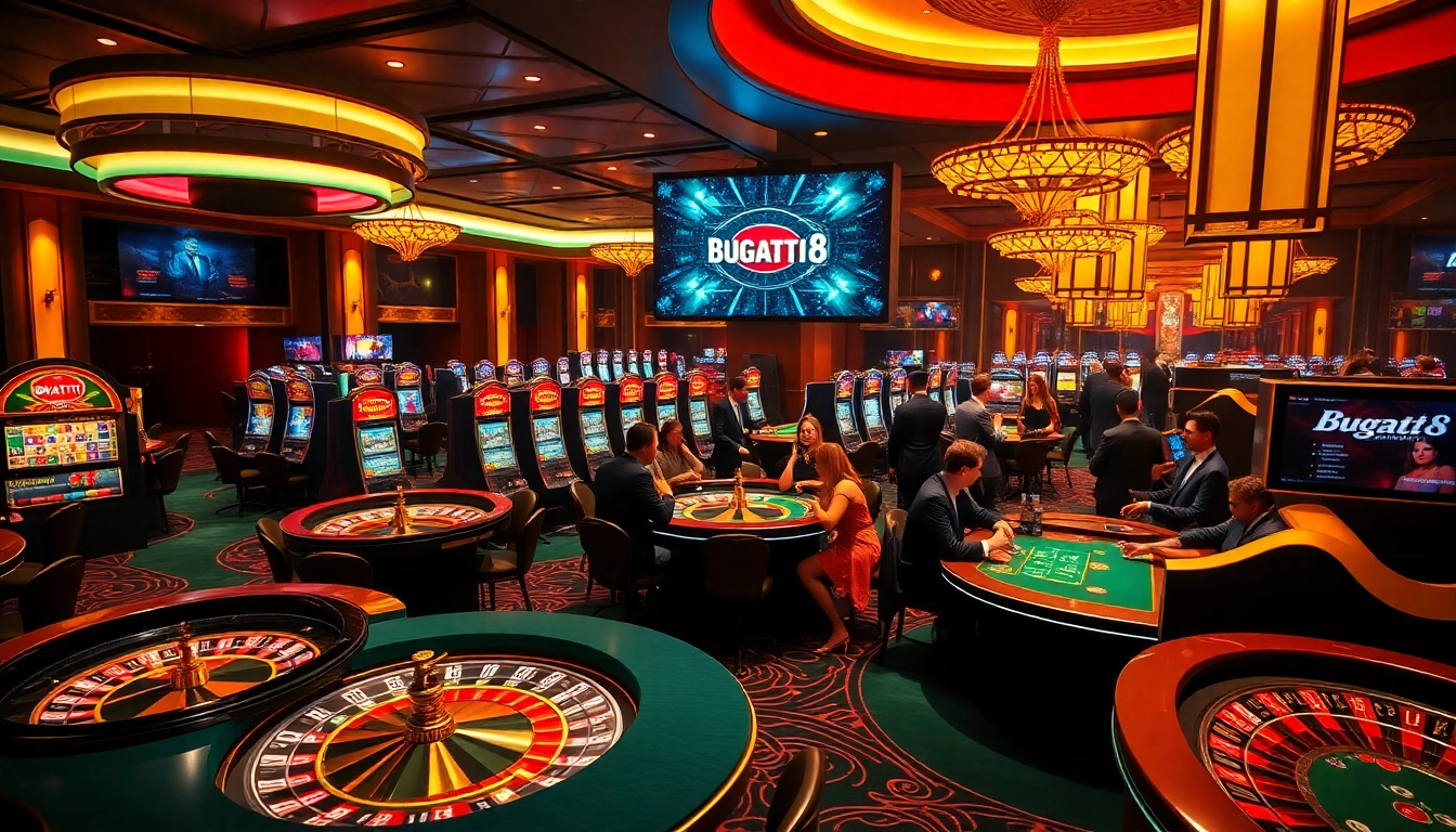 Experience the thrill of Bugatti8 with vibrant casino action, featuring roulette wheels and excited players.
