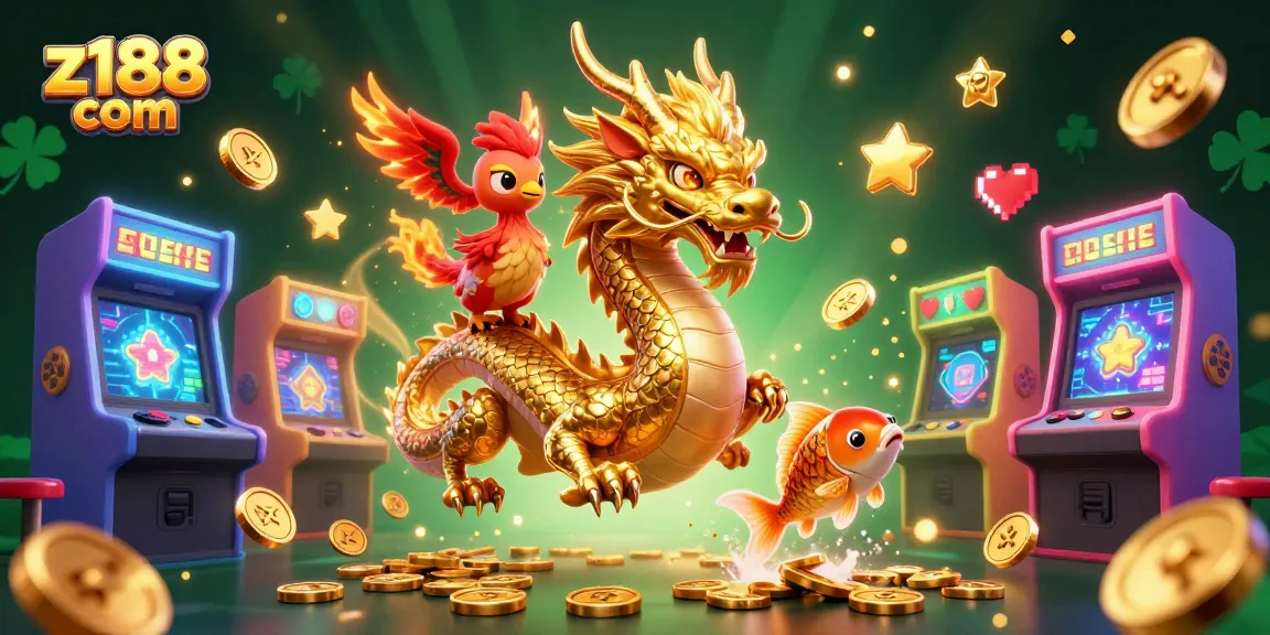 Experience excitement with z188 com as a golden koi fish leaps through coins in a vibrant casino.
