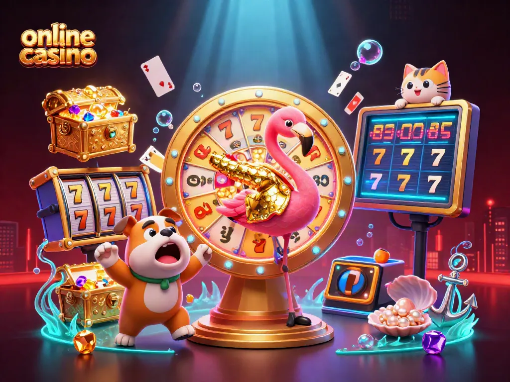 Disfruta del emocionante mundo del casino online con carrozas y premios en una ilustración vibrante.
