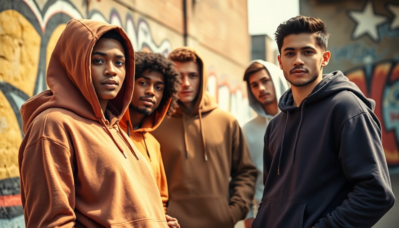 Showcasing high quality blank hoodies worn by models in an urban environment.