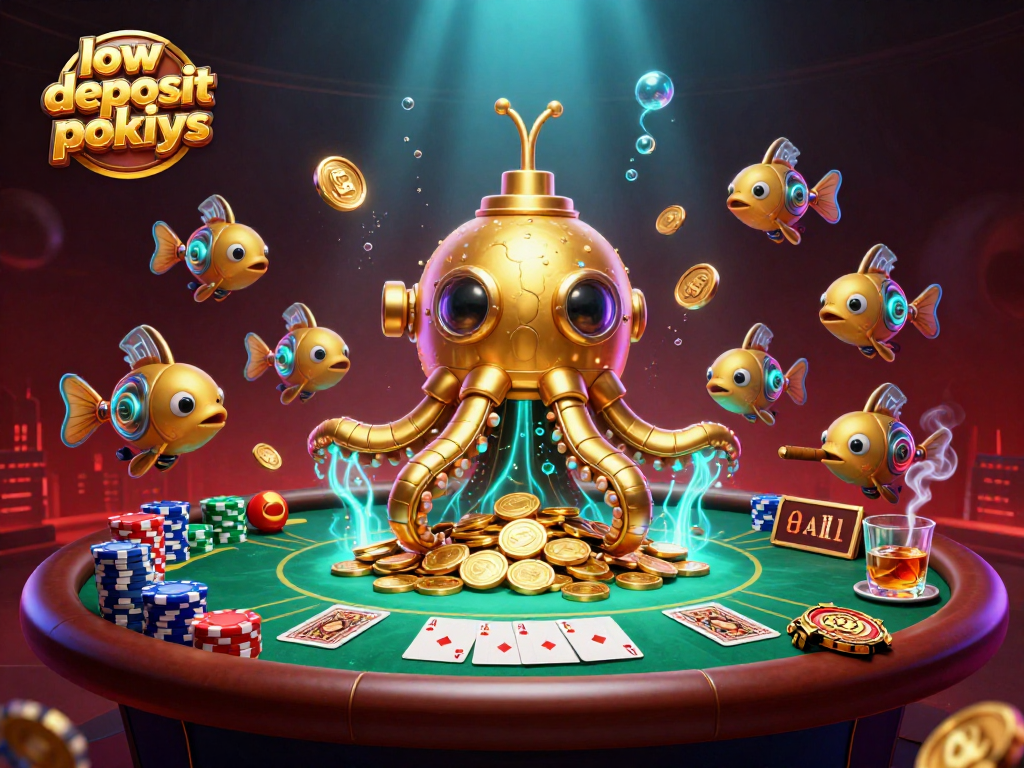 Engage in thrilling low deposit pokies surrounded by golden kraken and mechanical fish at a vibrant poker table.