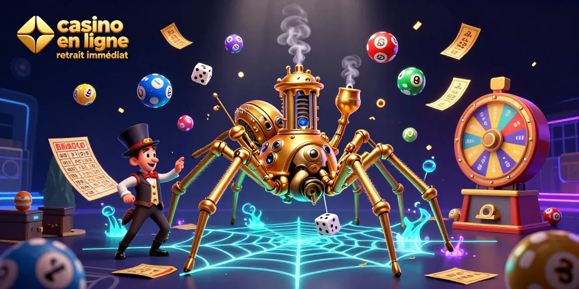 Visualisez l'illustration 3D de la thématique casino en ligne retrait immédiat, mettant en scène une araignée steampunk et une mouche gentlemen.