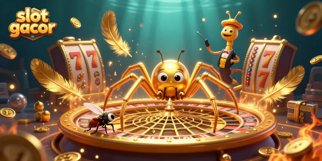 Spin and win on slot gacor with golden spider, roulette wheel, and croupier in vibrant casino scene.