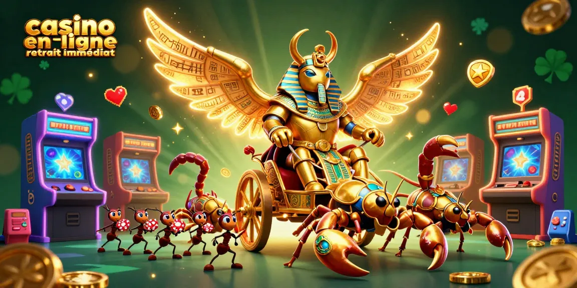 Jouer au casino en ligne retrait immédiat avec un scarabée doré et des éléments de casino animés.