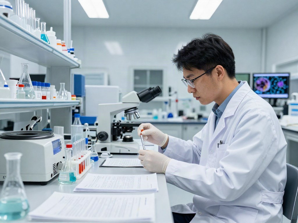 Researching TB-500 research peptides in a modern lab with scientists and lab equipment.