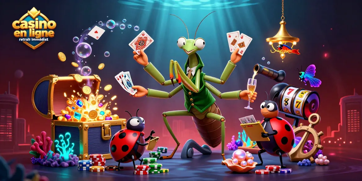 Illustration dynamique représentant un casino en ligne retrait immédiat avec un mantis en costume, en train de distribuer des cartes.