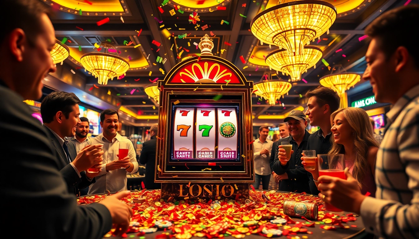 Celebrate with free spins bonuses at a lively casino scene with players and slot machines.