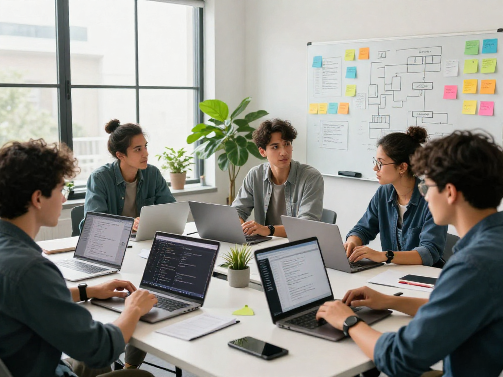 Team collaborating with crushon ai on software development in modern workspace