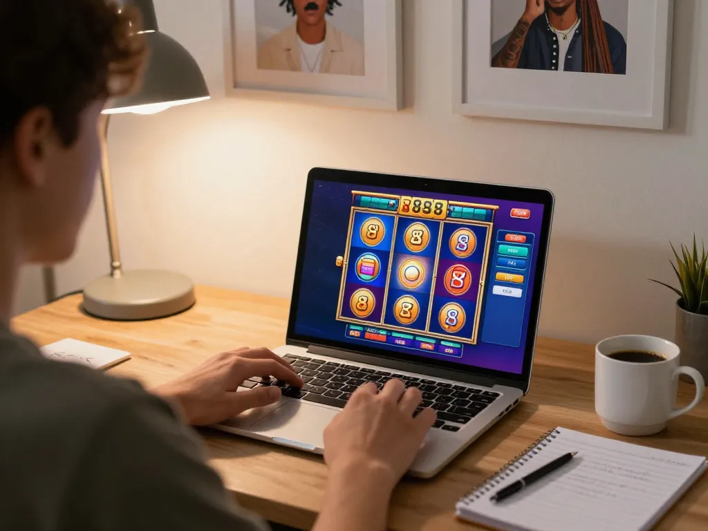 Engaged player spinning สล็อต888 slots at home workspace, showcasing relaxing gaming experience.