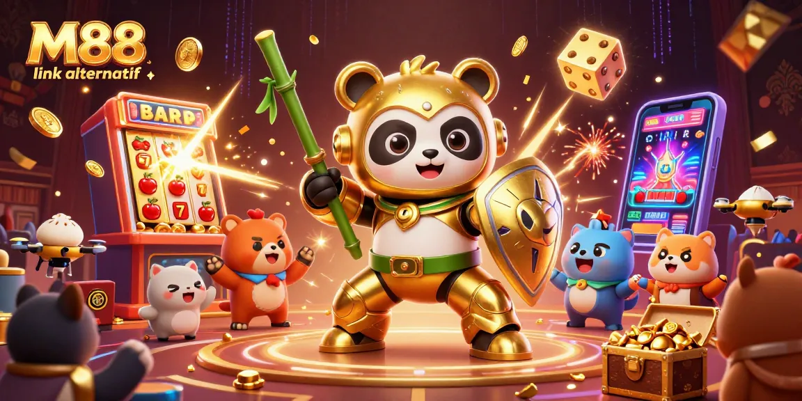 Experience thrilling gameplay with M88 link alternatif and vibrant casino elements in this dynamic 3D illustration.