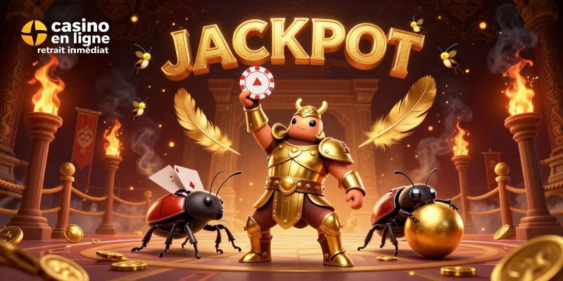 Gagner au casino en ligne retrait immédiat avec un héros scarabée et des éléments dorés.