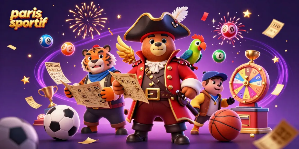 Illustration dynamique de paris sportif avec un ours pirate, un tigre et un perroquet, entourés d'éléments de pari.
