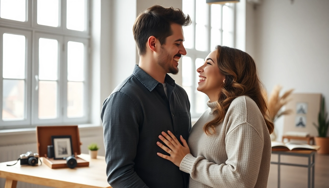 Capturing a moment by a photography company edmonton, featuring an engaging couple in a softly lit studio.
