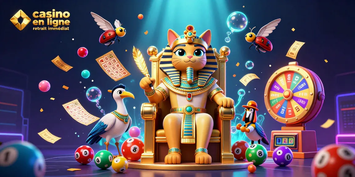 Jouer à un casino en ligne avec retrait immédiat avec le pharaon égyptien et des éléments de loterie colorés.
