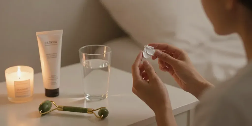 Applying zinc oxide cream for face during a calming nighttime skincare routine with warm ambient lighting.