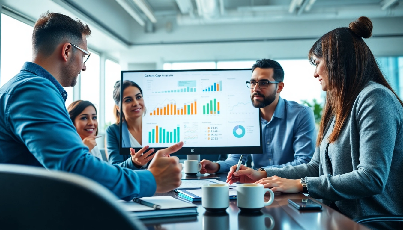 Conduct a thorough Content Gap Analysis with a collaborative team in a modern office.