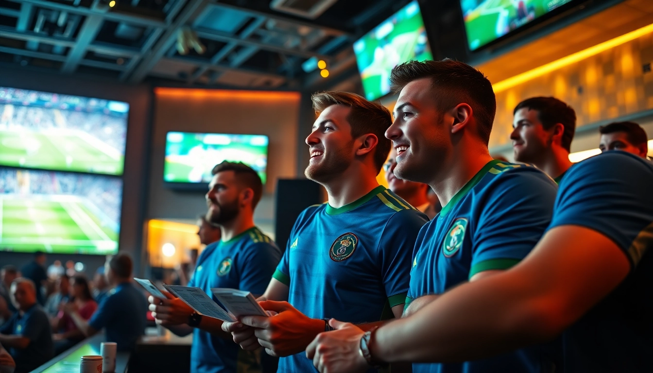 Exciting FIFA World Cup betting scene with fans cheering at a sports bar.