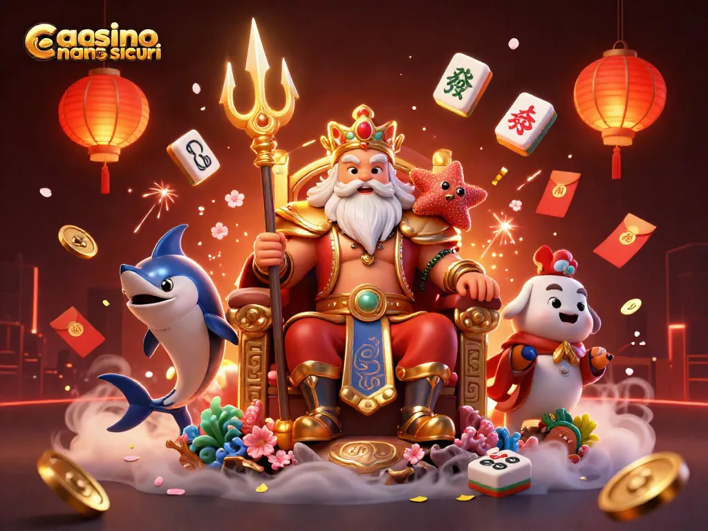 Scopri i casinò non AAMS sicuri con il re dei mari e festeggiamenti colorati in un'illustrazione vivace.