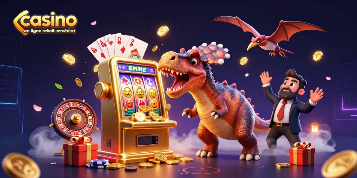 Casino en ligne retrait immédiat : Visuel d'un dinosaure jouant à la machine à sous avec des pièces d'or