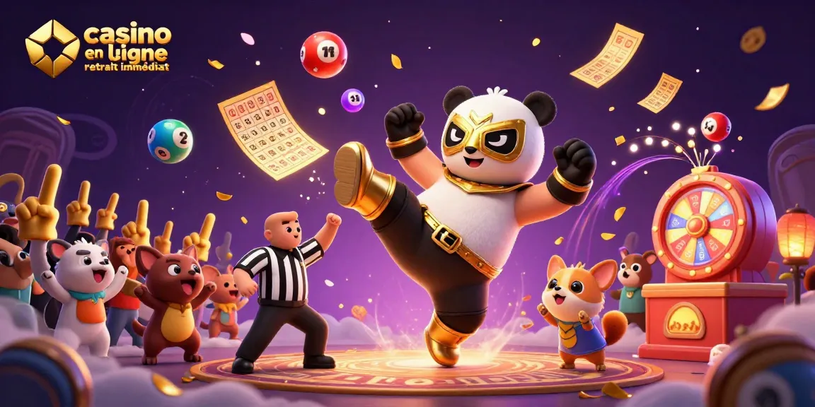 Profitez de l'excitation du casino en ligne retrait immédiat avec un panda lutteur et des personnages animaliers.