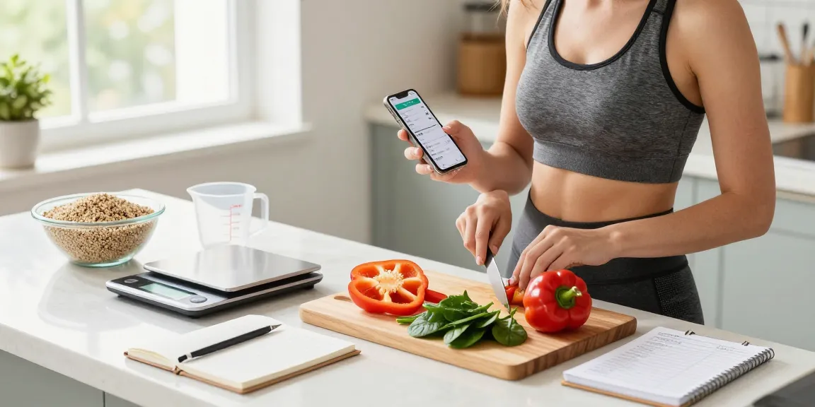 Exploring the best calorie tracker in a bright kitchen with healthy meal prep.
