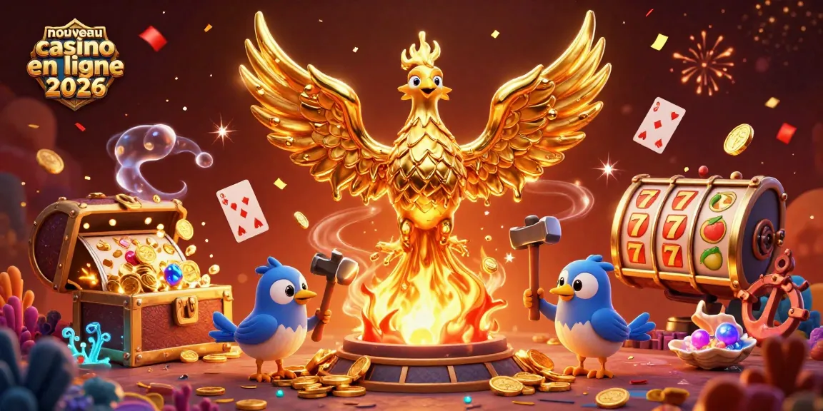 Une illustration dynamique représentant un nouveau casino en ligne 2026 avec un phoenix doré parmi des éléments de jeu captivants.