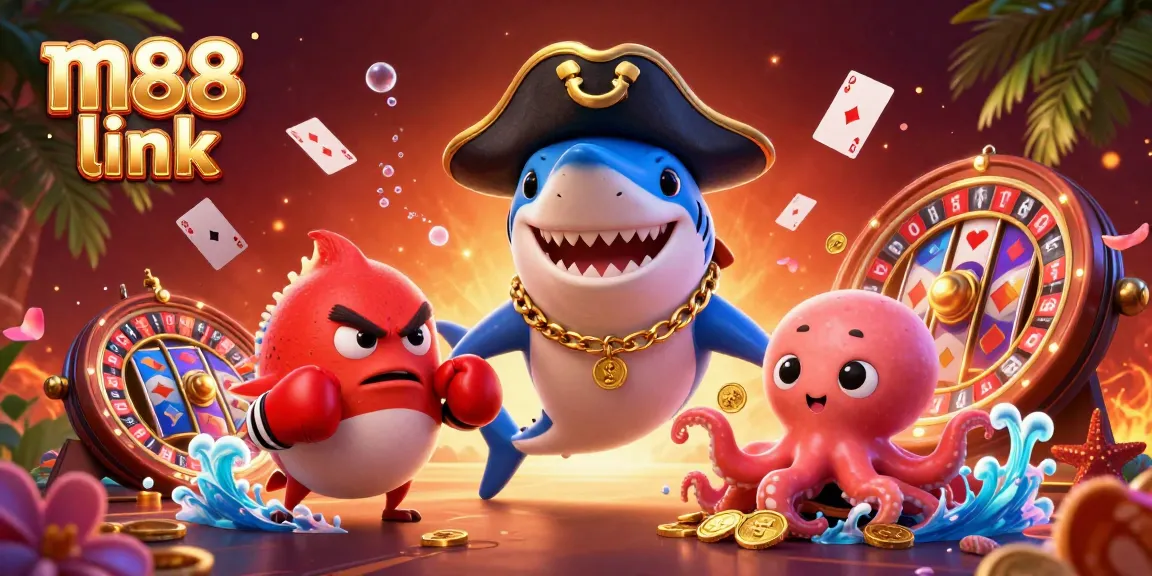 Bet on your favorite games with m88 link featuring a colorful pirate-themed 3D illustration.