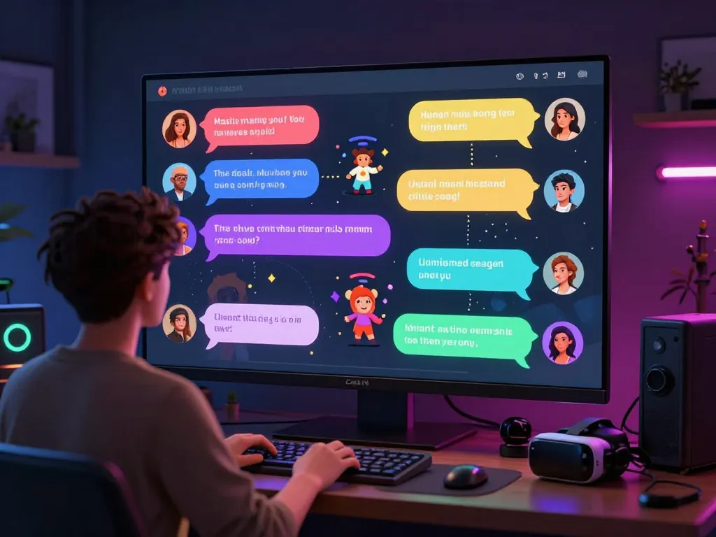 Interactive character AI nsfw chat scene with colorful avatars and dynamic dialogues.