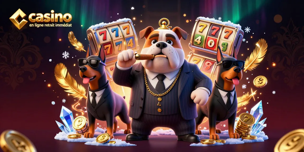 Image captivante de casino en ligne retrait immédiat avec un bulldog mafia et des Dobermans dans une ambiance dynamique et riche.