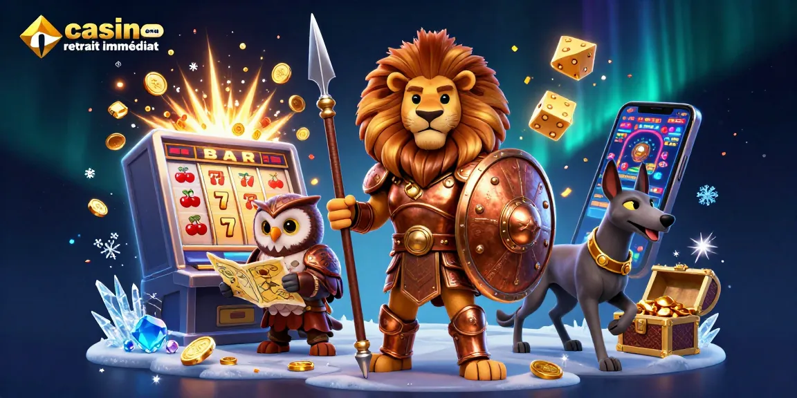 Casino en ligne retrait immédiat avec un lion en armure, des dés dorés et une machine à sous prospère.