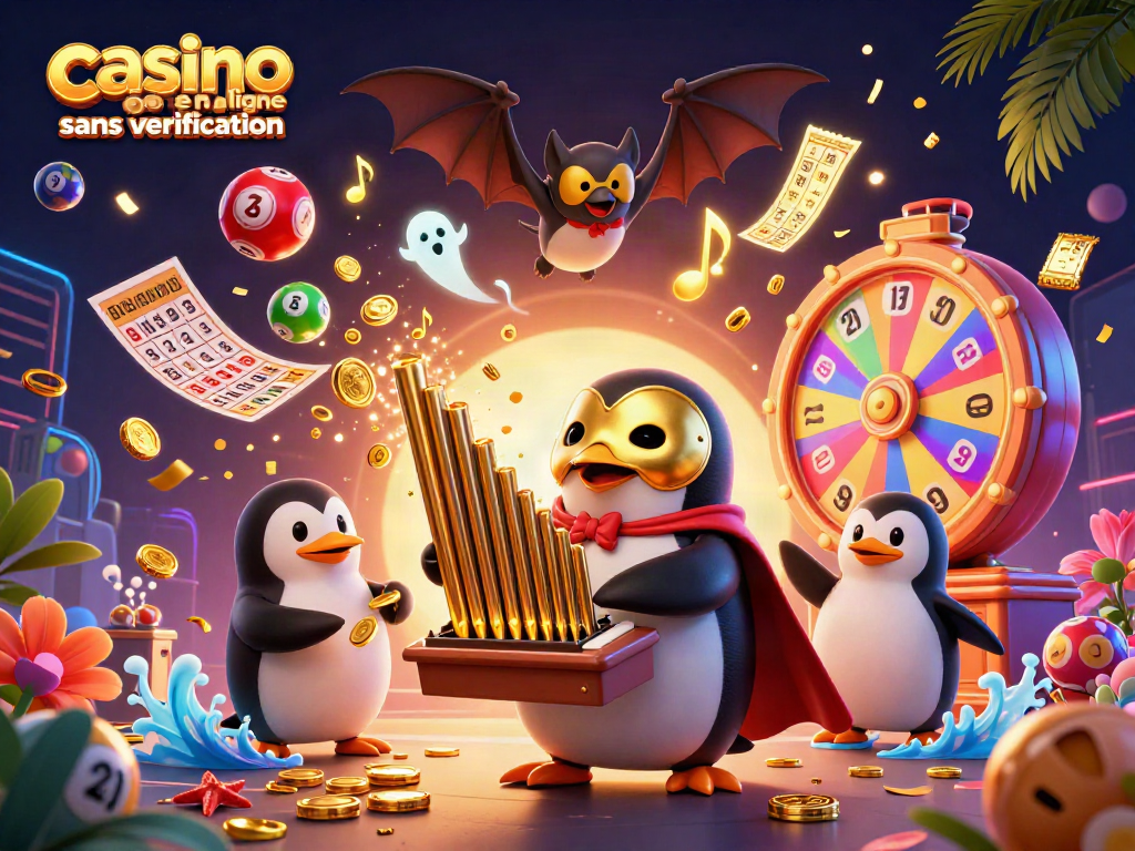 Gagnez rapidement sur un casino en ligne sans vérification en jouant avec des pièces d'or volant autour d'un pingouin