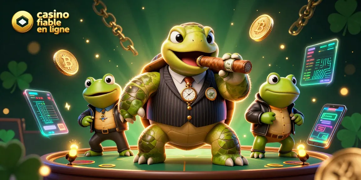 Un casino fiable en ligne avec une scène animée de personnages de casino entourés de pièces de crypto-monnaie.