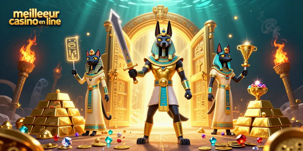 Retrouvez le meilleur casino en ligne avec l'illustration animée d'Anubis et Bastet, entourés de richesses.