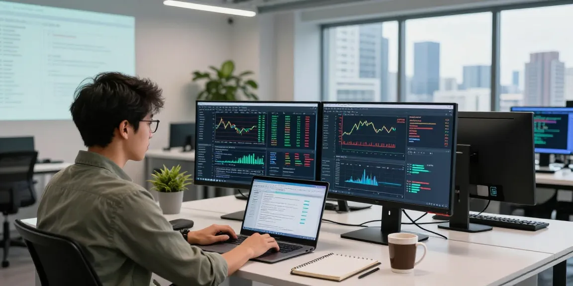 WebSocket streaming market API integration in a developer's modern workspace with screens displaying financial data.
