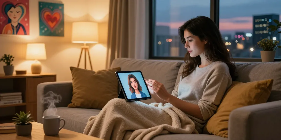AI girlfriend chat in cozy living room setting, showcasing virtual companionship and emotional engagement.