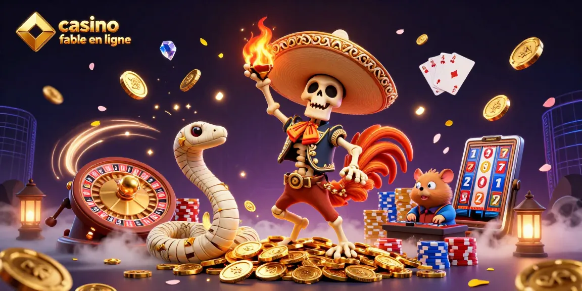 Illustration dynamique d'un casino fiable en ligne avec un osselet mariachi, un serpent momie et un hamster zombie DJ.