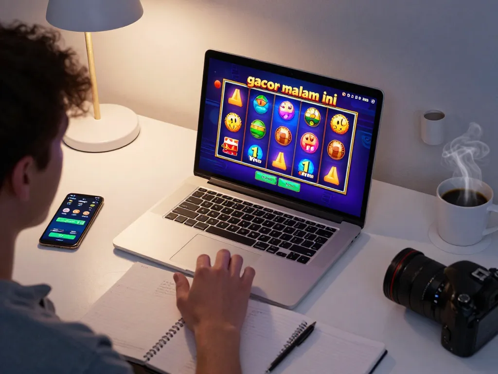 Engaging scene of a player enjoying slot gacor malam ini on a laptop, showcasing vibrant slot game graphics and strategic gambling accessories.