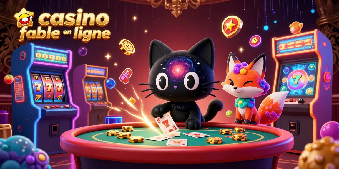 Illustration dynamique d'un casino fiable en ligne avec un chat noir trou de ver et un renard en nébuleuse attirant des jetons dorés.