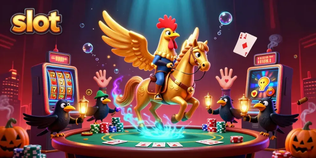 Experience the thrill of slot gaming with a golden rooster leader in a vibrant casino scene.