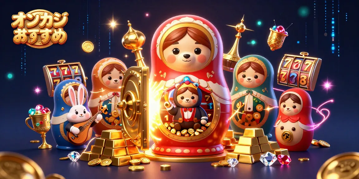 オンラインカジノのおすすめシーン、マトリョーシカなどのキャラクターが豪華なカジノを演出。