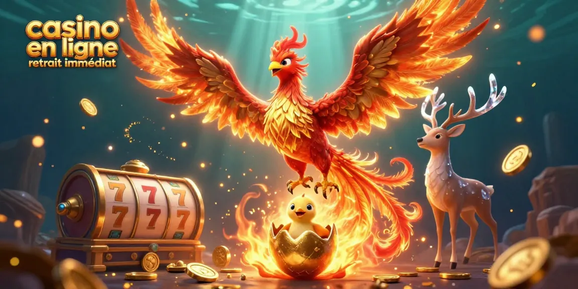 Jouez sur le casino en ligne retrait immédiat avec une illustration dynamique, phénix de feu et stag mystique.