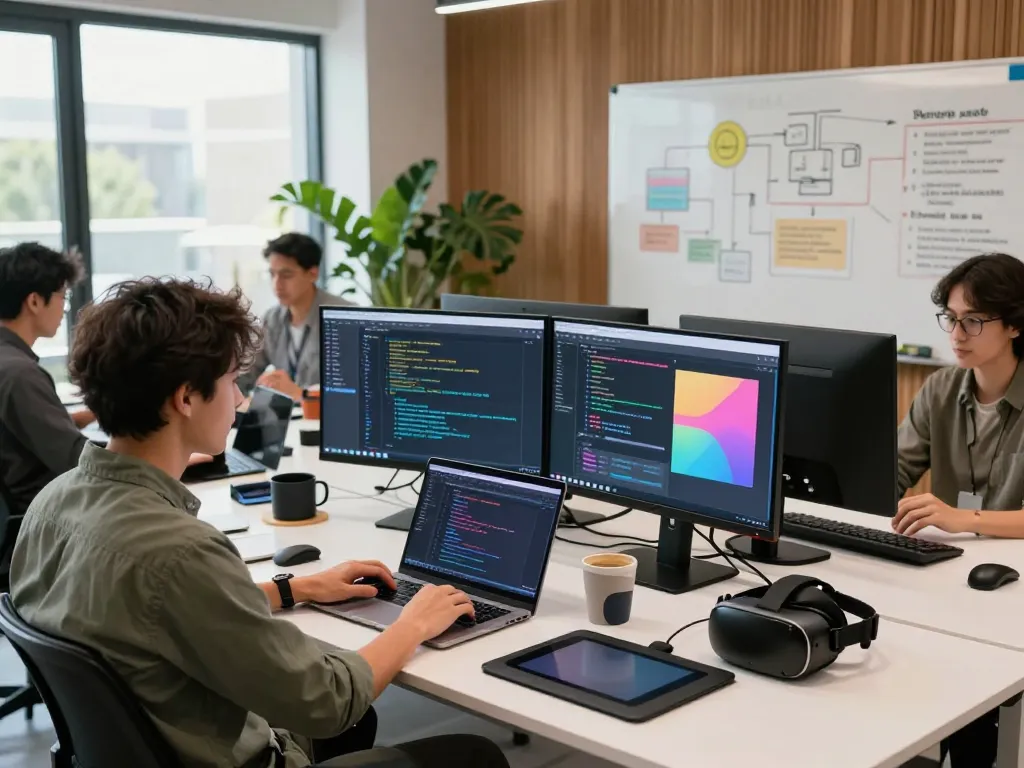 Developer at a modern workspace coding with teamwork and innovation at Whynotvibe.