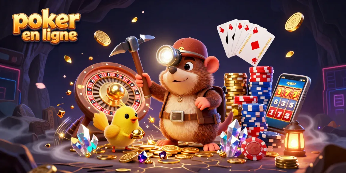Jouez au poker en ligne avec des graphismes immersifs d'une scène de casino illuminée.