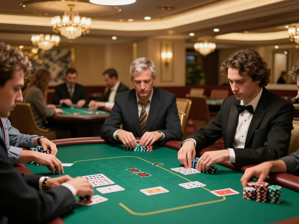 Permainan poker Toto Macau di kasino mewah, pemain terlibat dengan kartu dan chip, suasana yang hidup.