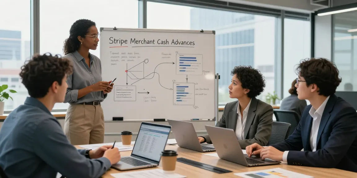 Team discussing Stripe merchant cash advance options in a bright office setting.