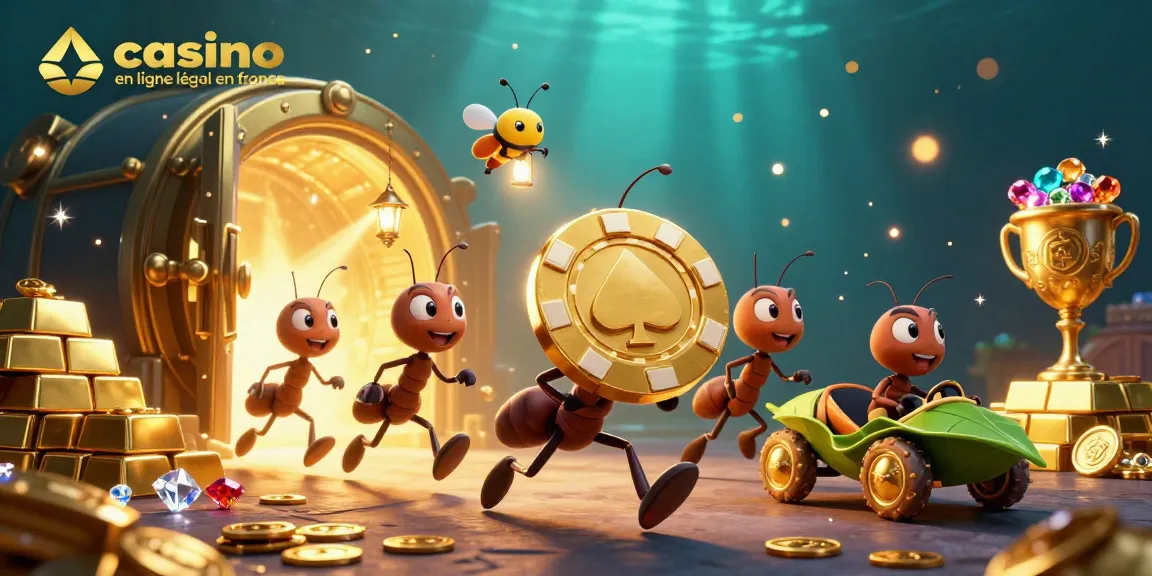 Les fourmis compétitives transportent un jeton de poker doré sur un fond aquatique, illustrant le casino en ligne légal en France.