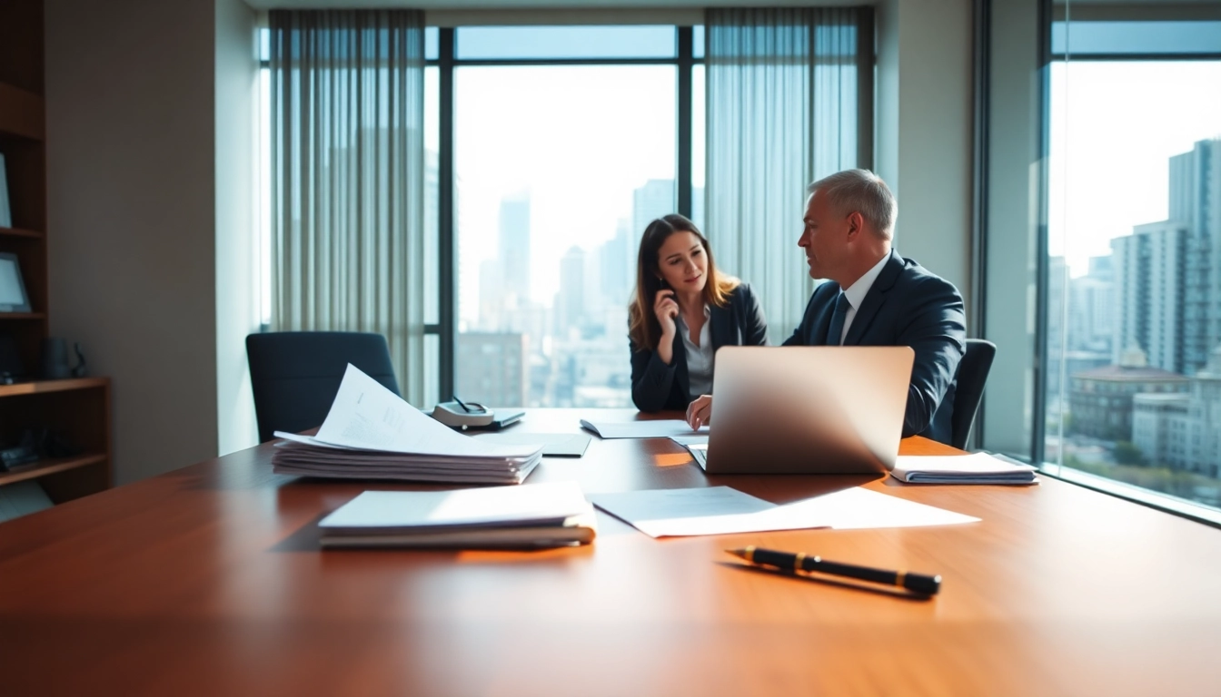 Eminent domain lawyer advising a client in a modern office with a city view.