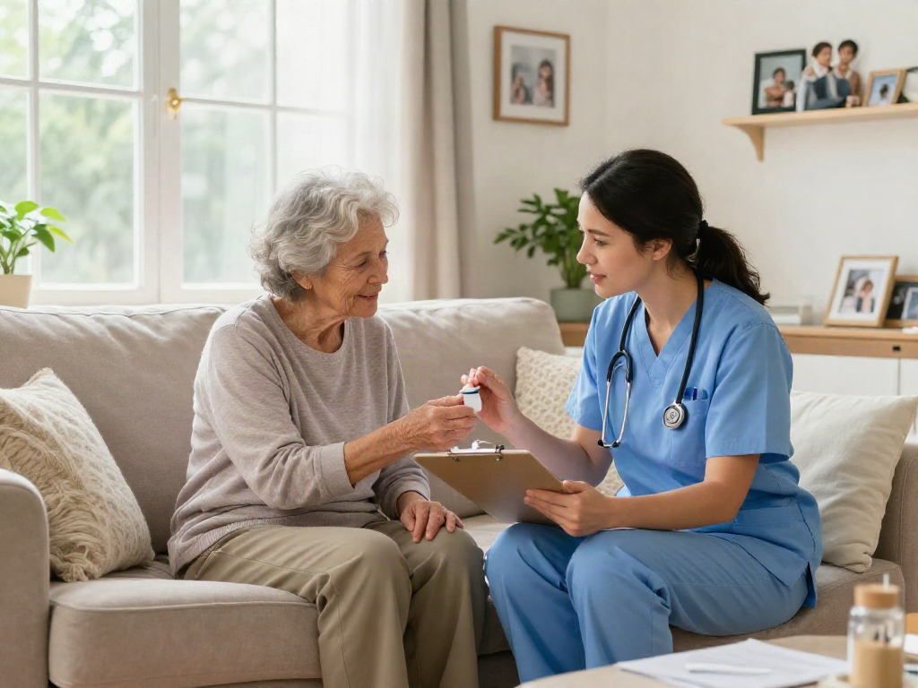Caregiver assisting senior client with paperwork, promoting the concept of bonus new member offerings in homecare.